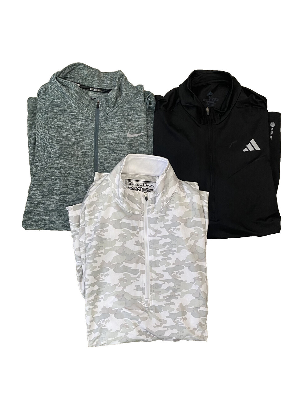LOT (3) Size L Nike Running Straight Down Camo Adidas Aero Ready 1/4 Zip Golf